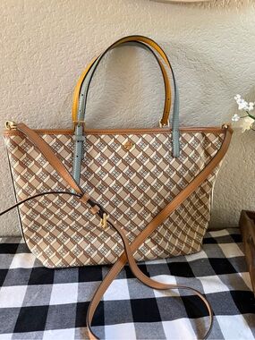 Tory Burch Beige and Tan Patterned Leather-Trim Tote with Light Blue Handles